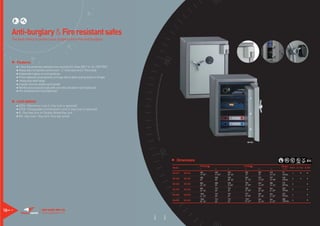 1hr      2




     Anti-burglary & Fire resistant safes
     The best choice to protect your property from fire and burglary




           Features
                1 hour fire protection and premium security (UL Class 350 1 hr, UL 1037 RSC)
                Heavy duty Composite construction - 2” thick door and 3” thick body
                Independent glass re-locking device
                Three stationary locking bolts on hinge side to deter prying attack on hinges
                 Heavy duty steel hinge
                3 spoke chrome-plated vault handle
                Reinforced composite body with concrete and steel mesh (Optional)
                Pre-drilled anchor hole (Optional)


           Lock options
                E/EK - Electronic Lock [+ Key lock is optional]
                C/CK - Changeable Combination Lock [+ Key lock is optional]
                K - One key lock or Double Bitted Key lock
                KK - Key lock + Key lock (Two key locks)




                                                                                                                                                                         SB-02C




                                                                                                                     Dimensions
                                                                                                                                    Outside ( )                       Inside ( )                       Weight Shelf UL 1 hour UL RSC
                                                                                                                  Model                                                                                 (kgs)
                                                                                                                                    H             W         D          H           W         D
                                                                                                                  SB-01E   SB-01C   450           450       520        305         305       318       75         1
                                                                                                                                    17 5/7”       17 5/7”   20 1/2”    12”         12”       12 1/2”   165 Ibs
                                                                                                                                    685           508       520        540         363       327       168
                                                                                                                  SB-02E   SB-02C   27”           20”       20 1/2”    21 1/4”     14 2/7”   12 7/8”   370 Ibs
                                                                                                                                                                                                                  2

                                                                                                                                    845           508       578        700         363       385       276
                                                                                                                  SB-03E   SB-03C   33 1/4”       20”       22 3/4”    27 5/9”     14 2/7”   15 1/6”   607 Ibs
                                                                                                                                                                                                                  2

                                                                                                                                    845           710       737        700         565       544       360
                                                                                                                  SB-04E   SB-04C   33 1/4”       28”       29”        27 5/9”     22 1/4”   21 3/7”   792 Ibs    2

                                                                                                                                    1054          710       737        910         565       544       420
                                                                                                                  SB-05E   SB-05C   41 1/2”       28”       29”        35 5/6”     22 1/4”   21 3/7”   924 Ibs    2

                                                                                                                                    1505          710       737        1361        565       544       480
                                                                                                                  SB-06E   SB-06C   59 1/4”       28”       29”        53 4/7”     22 1/4”   21 3/7”   1056 Ibs   3




18   19                             SUN SAFES MFG. CO.
                                   www.eaglesafes.com
                                                                                                V.0708




                                                                                                         V.0708
 