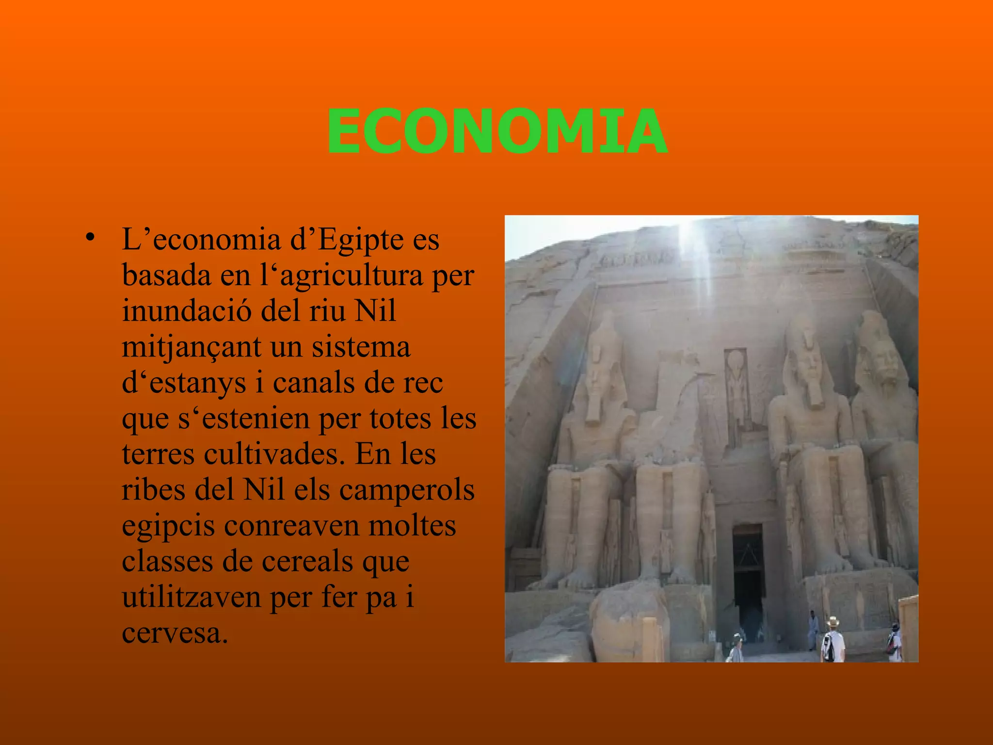ECONOMIA L’economia d’Egipte  es  basada  en l‘ agricultura per inundació del riu Nil mitjançant  un sistema d‘ estanys  i  canals  de  rec  que s‘ estenien per  totes les  terres cultivades . En les  ribes del Nil els camperols egipcis conreaven moltes classes de cereals que utilitzaven per fer pa i cervesa .  