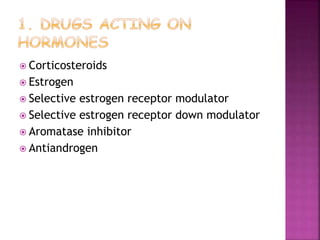  Corticosteroids
 Estrogen
 Selective estrogen receptor modulator
 Selective estrogen receptor down modulator
 Aromatase inhibitor
 Antiandrogen
 