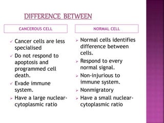 CANCEROUS CELL NORMAL CELL
 Cancer cells are less
specialised
 Do not respond to
apoptosis and
programmed cell
death.
 Evade immune
system.
 Have a large nuclear-
cytoplasmic ratio
 Normal cells identifies
difference between
cells.
 Respond to every
normal signal.
 Non-injurious to
immune system.
 Nonmigratory
 Have a small nuclear-
cytoplasmic ratio
 