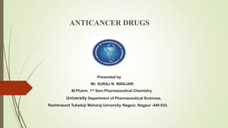 ANTICANCER DRUGS
Presented by
Mr. SURAJ N. WANJARI
M.Pharm. 1st Sem.Pharmaceutical Chemistry
University Department of Pharmaceutical Sciences,
Rashtrasant Tukadoji Maharaj University Nagpur, Nagpur -440 033.
 