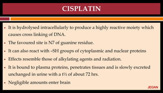CISPLATIN
● It is hydrolysed intracellularly to produce a highly reactive moiety which
causes cross linking of DNA.
● The favoured site is N7 of guanine residue.
● It can also react with –SH groups of cytoplasmic and nuclear proteins
● Effects resemble those of alkylating agents and radiation.
● It is bound to plasma proteins, penetrates tissues and is slowly excreted
unchanged in urine with a t½ of about 72 hrs.
● Negligible amounts enter brain
JEGAN
 