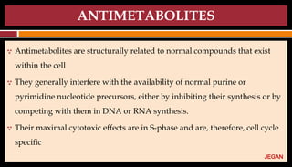 ANTIMETABOLITES
 Antimetabolites are structurally related to normal compounds that exist
within the cell
 They generally interfere with the availability of normal purine or
pyrimidine nucleotide precursors, either by inhibiting their synthesis or by
competing with them in DNA or RNA synthesis.
 Their maximal cytotoxic effects are in S-phase and are, therefore, cell cycle
specific
JEGAN
 