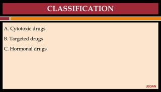 CLASSIFICATION
A. Cytotoxic drugs
B. Targeted drugs
C. Hormonal drugs
JEGAN
 