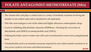 FOLATE ANTAGONIST-METHOTREXATE (Mtx)
 The vitamin folic acid plays a central role in a variety of metabolic reactions involving the
transfer of one-carbon units and is essential for cell replication
 This folic acid analogue is one of the oldest and highly efficacious antineoplastic drugs
 It acts by inhibiting dihydrofolate reductase (DHFRase)—blocking the conversion of
dihydrofolic acid (DHFA) to tetrahydrofolic acid (THFA).
 Utilizing the folate carrier it enters into cells and is transformed to more active polyglutamate
form
 Tetrahydrofolic acid is an essential coenzyme required for one carbon transfer reactions in de
novo purine synthesis and amino acid interconversions.
JEGAN
 