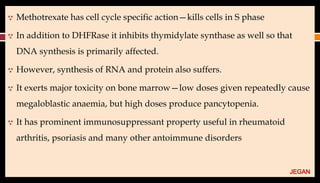  Methotrexate has cell cycle specific action—kills cells in S phase
 In addition to DHFRase it inhibits thymidylate synthase as well so that
DNA synthesis is primarily affected.
 However, synthesis of RNA and protein also suffers.
 It exerts major toxicity on bone marrow—low doses given repeatedly cause
megaloblastic anaemia, but high doses produce pancytopenia.
 It has prominent immunosuppressant property useful in rheumatoid
arthritis, psoriasis and many other antoimmune disorders
JEGAN
 