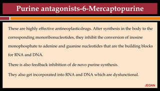 Purine antagonists-6-Mercaptopurine
These are highly effective antineoplasticdrugs. After synthesis in the body to the
corresponding monoribonucleotides, they inhibit the conversion of inosine
monophosphate to adenine and guanine nucleotides that are the building blocks
for RNA and DNA.
There is also feedback inhibition of de novo purine synthesis.
They also get incorporated into RNA and DNA which are dysfunctional.
JEGAN
 