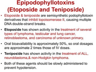 Epipodophyllotoxins
(Etoposide and Teniposide)
• Etoposide & teniposide are semisynthetic podophyllotoxin
derivatives that inhibit topoisomerase II, causing multiple
DNA double-strand breaks.
• Etoposide has shown activity in the treatment of several
types of lymphoma, testicular and lung cancer,
retinoblastoma, and carcinoma of unknown primary.
• Oral bioavailability is approximately 50%, so oral dosages
are approximate 2 times those of IV doses.
• Teniposide has shown activity in the treatment of ALL,
neuroblastoma,& non-Hodgkin lymphoma.
• Both of these agents should be slowly administered to
prevent hypotension.
 