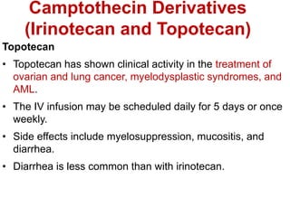 Camptothecin Derivatives
(Irinotecan and Topotecan)
Topotecan
• Topotecan has shown clinical activity in the treatment of
ovarian and lung cancer, myelodysplastic syndromes, and
AML.
• The IV infusion may be scheduled daily for 5 days or once
weekly.
• Side effects include myelosuppression, mucositis, and
diarrhea.
• Diarrhea is less common than with irinotecan.
 