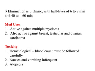Elimination is biphasic, with half-lives of 6 to 8 min
and 40 to 60 min
Med Uses
1. Active against multiple myeloma
2. Also active against breast, testicular and ovarian
carcinoma
Toxicity
1. Hematological – blood count must be followed
carefully
2. Nausea and vomiting infrequent
3. Alopecia
 