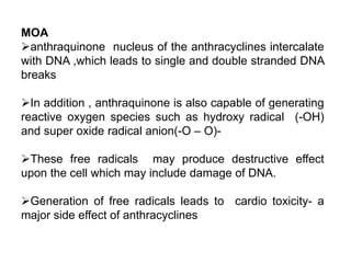 MOA
anthraquinone nucleus of the anthracyclines intercalate
with DNA ,which leads to single and double stranded DNA
breaks
In addition , anthraquinone is also capable of generating
reactive oxygen species such as hydroxy radical (-OH)
and super oxide radical anion(-O – O)-
These free radicals may produce destructive effect
upon the cell which may include damage of DNA.
Generation of free radicals leads to cardio toxicity- a
major side effect of anthracyclines
 