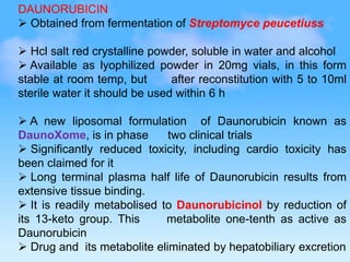 DAUNORUBICIN
 Obtained from fermentation of Streptomyce peucetiuss
 Hcl salt red crystalline powder, soluble in water and alcohol
 Available as lyophilized powder in 20mg vials, in this form
stable at room temp, but after reconstitution with 5 to 10ml
sterile water it should be used within 6 h
 A new liposomal formulation of Daunorubicin known as
DaunoXome, is in phase two clinical trials
 Significantly reduced toxicity, including cardio toxicity has
been claimed for it
 Long terminal plasma half life of Daunorubicin results from
extensive tissue binding.
 It is readily metabolised to Daunorubicinol by reduction of
its 13-keto group. This metabolite one-tenth as active as
Daunorubicin
 Drug and its metabolite eliminated by hepatobiliary excretion
 