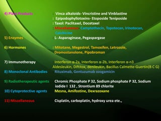 4) Plant Products : Vinca alkaloids- Vincristine and Vinblastine
: Epipodophyllotoxins- Etoposide Teniposide
: Taxol: Paclitaxel, Docetaxel
: Miscellaneous- Camptothecin, Topotecan, Irinotecan,
Colchicine
5) Enzymes : L- Asparaginase, Pegaspargase
6) Hormones : Mitotane, Megestrol, Tamoxifen, Letrozole,
Dromostanolone, Pipobroman
7) Immunotherapy : Interferon α-2a, Interferon α-2b, Interferon α-n3
Aldesleukin, Diftitox, denileukin, Bacillus Calmette-Guertin(B C G)
8) Monoclonal Antibodies : Rituximab, Gentuzumab ozogamicin
9) Radiotherapeutic agents : Chromic Phosphate P 32, Sodium phosphate P 32, Sodium
iodide I 132 , Strontium 89 chlorite
10) Cytoprotective agents : Mesna, Amifostine, Dexrazoxane
11) Miscellaneous : Cisplatin, carboplatin, hydroxy urea ete.,
 