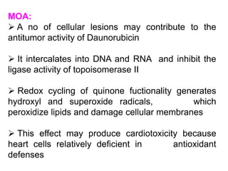 MOA:
 A no of cellular lesions may contribute to the
antitumor activity of Daunorubicin
 It intercalates into DNA and RNA and inhibit the
ligase activity of topoisomerase II
 Redox cycling of quinone fuctionality generates
hydroxyl and superoxide radicals, which
peroxidize lipids and damage cellular membranes
 This effect may produce cardiotoxicity because
heart cells relatively deficient in antioxidant
defenses
 
