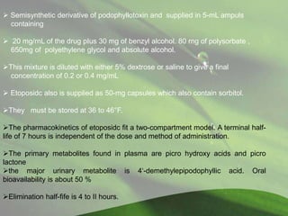  Semisynthetic derivative of podophyllotoxin and supplied in 5-mL ampuls
containing
 20 mg/rnL of the drug pIus 30 mg of benzyl alcohol. 80 rng of polysorbate ,
650mg of polyethylene glycol and absolute alcohol.
This mixture is diluted with either 5% dextrose or saline to give a final
concentration of 0.2 or 0.4 mg/mL
 Etoposidc also is supplied as 50-mg capsules which also contain sorbitol.
They must be stored at 36 to 46°F.
The pharmacokinetics of etoposidc fit a two-compartment model. A terminal half-
life of 7 hours is independent of the dose and method of administration.
The primary metabolites found in plasma are picro hydroxy acids and picro
lactone
the major urinary metabolite is 4‘-demethylepipodophyllic acid. Oral
bioavailability is about 50 %
Elimination half-fife is 4 to II hours.
 