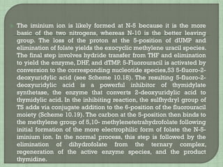  The iminium ion is likely formed at N-5 because it is the more
basic of the two nitrogens, whereas N-10 is the better leaving
group. The loss of the proton at the 5-position of dUMP and
elimination of folate yields the exocyclic methylene uracil species.
The final step involves hydride transfer from THF and elimination
to yield the enzyme, DHF, and dTMP. 5-Fluorouracil is activated by
conversion to the corresponding nucleotide species,53 5-fluoro-2-
deoxyuridylic acid (see Scheme 10.18). The resulting 5-fluoro-2-
deoxyuridylic acid is a powerful inhibitor of thymidylate
synthetase, the enzyme that converts 2-deoxyuridylic acid to
thymidylic acid. In the inhibiting reaction, the sulfhydryl group of
TS adds via conjugate addition to the 6-position of the fluorouracil
moiety (Scheme 10.19). The carbon at the 5-position then binds to
the methylene group of 5,10- methylenetetrahydrofolate following
initial formation of the more electrophilic form of folate the N-5-
iminium ion. In the normal process, this step is followed by the
elimination of dihydrofolate from the ternary complex,
regeneration of the active enzyme species, and the product
thymidine.
 