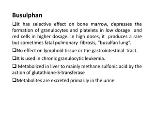 Busulphan
It has selective effect on bone marrow, depresses the
formation of granulocytes and platelets in low dosage and
red cells in higher dosage. In high doses, it produces a rare
but sometimes fatal pulmonary fibrosis, ”busulfan lung”.
No effect on lymphoid tissue or the gastrointestinal tract.
It is used in chronic granulocytic leukemia.
 Metabolized in liver to mainly methane sulfonic acid by the
action of glutathione-S-transferase
Metabolites are excreted primarily in the urine
 