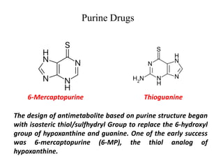 Purine Drugs
6-Mercaptopurine Thioguanine
The design of antimetabolite based on purine structure began
with isosteric thiol/sulfhydryl Group to replace the 6-hydroxyl
group of hypoxanthine and guanine. One of the early success
was 6-mercaptopurine (6-MP), the thiol analog of
hypoxanthine.
 