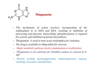 – The mechanism of action involves, incorporation of the
triphosphate in to DNA and RNA, resulting in inhibition of
processing and function. Intracellular phosphorylation is required
for activity and inhibition of purine biosynthesis.
– Thioguanine is used to treat acute nonlymphocytic leukemia.
– The drug is available in 40mg tablet for oral use.
– Major metabolic pathway involve deamination or methylation.
– Thioguanine is not substrate for Xanthine oxidase in contrast to 6-
MP
– Toxicity include myelosuppression, imunosupression, nausea,
vomiting, mucositis, and diarrhea.
Thioguanine
 
