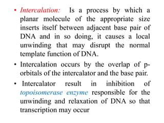 • Intercalation: Is a process by which a
planar molecule of the appropriate size
inserts itself between adjacent base pair of
DNA and in so doing, it causes a local
unwinding that may disrupt the normal
template function of DNA.
• Intercalation occurs by the overlap of p-
orbitals of the intercalator and the base pair.
• Intercalator result in inhibition of
topoisomerase enzyme responsible for the
unwinding and relaxation of DNA so that
transcription may occur
 