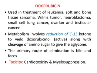 DOXORUBICIN
• Used in treatment of leukemia, soft and bone
tissue sarcoma, Wilms tumor, neuroblastoma,
small cell lung cancer, ovarian and testicular
cancer.
• Metabolism involves reduction of C-13 ketone
to yield doxorubicinol (active) along with
cleavage of amino sugar to give the aglycone.
• The primary route of elimination is bile and
faces
• Toxicity: Cardiotoxicity & Myelosuppression.
 