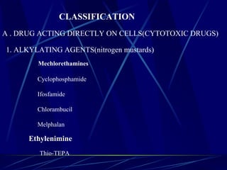 CLASSIFICATION   A . DRUG ACTING DIRECTLY ON CELLS(CYTOTOXIC DRUGS)   1. ALKYLATING AGENTS(nitrogen mustards) Mechlorethamines Cyclophosphamide Ifosfamide Chlorambucil Melphalan Ethylenimine Thio-TEPA 