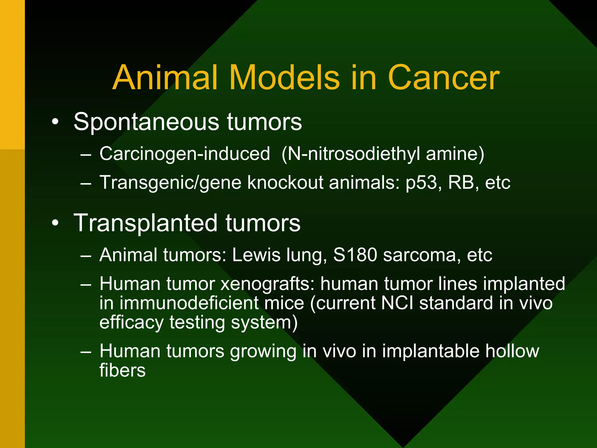 Animal Models in Cancer Spontaneous tumors Carcinogen-induced  (N-nitrosodiethyl amine) Transgenic/gene knockout animals: p53, RB, etc Transplanted tumors Animal tumors: Lewis lung, S180 sarcoma, etc Human tumor xenografts: human tumor lines implanted in immunodeficient mice (current NCI standard in vivo efficacy testing system) Human tumors growing in vivo in implantable hollow fibers 
