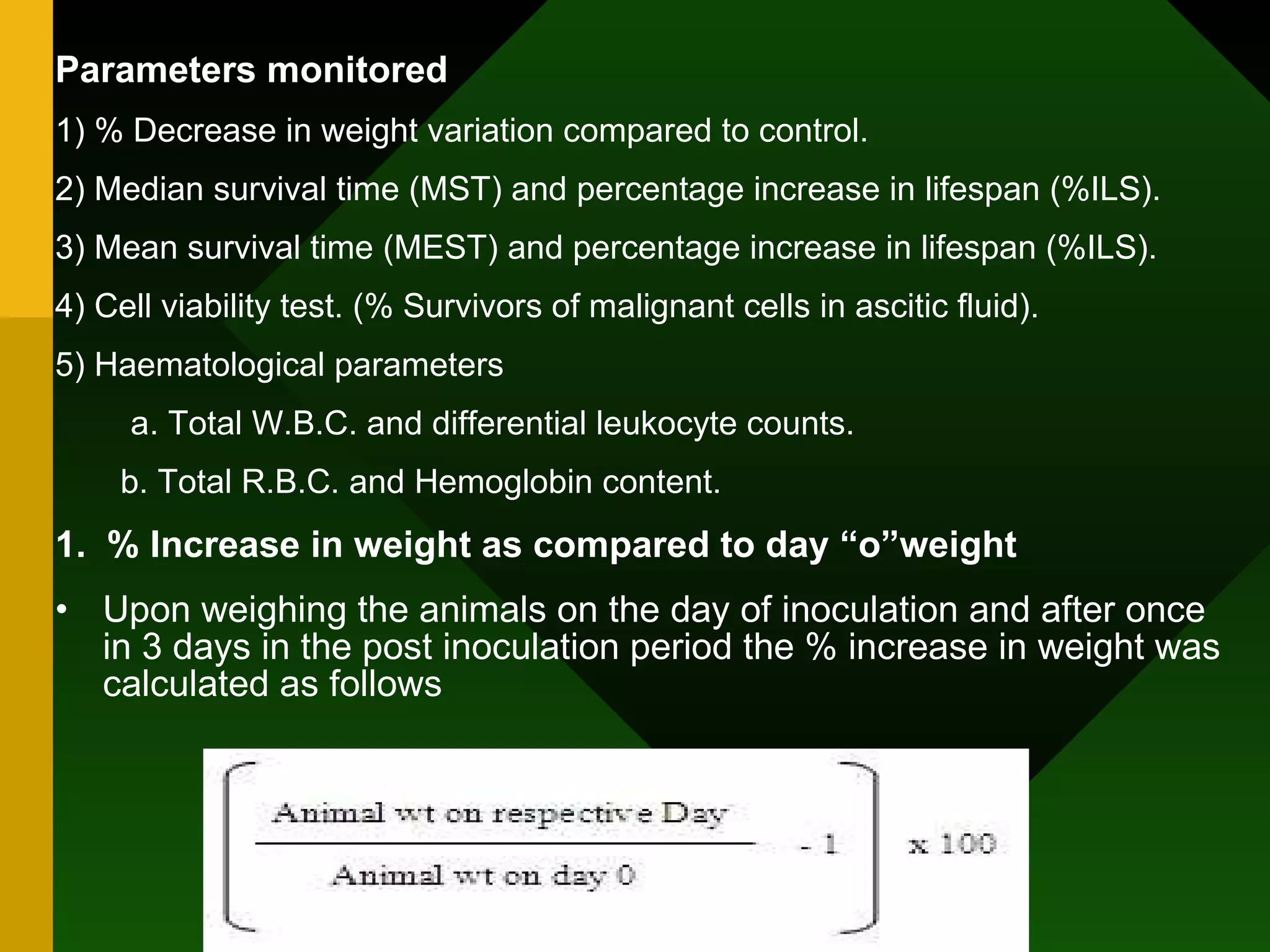 Parameters monitored 1) % Decrease in weight variation compared to control. 2) Median survival time (MST) and percentage increase in lifespan (%ILS). 3) Mean survival time (MEST) and percentage increase in lifespan (%ILS). 4) Cell viability test. (% Survivors of malignant cells in ascitic fluid). 5) Haematological parameters   a. Total W.B.C. and differential leukocyte counts. b. Total R.B.C. and Hemoglobin content. 1.  % Increase in weight as compared to day “o”weight Upon weighing the animals on the day of inoculation and after once in 3 days in the post inoculation period the % increase in weight was calculated as follows 