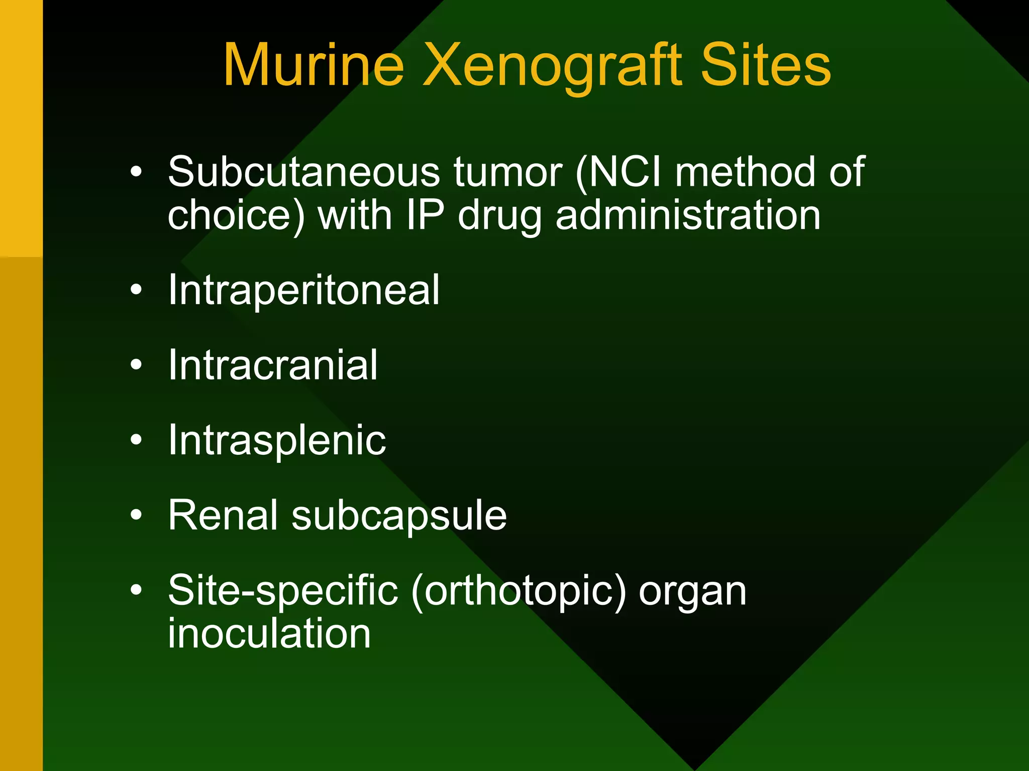 Murine Xenograft Sites Subcutaneous tumor (NCI method of choice) with IP drug administration Intraperitoneal Intracranial Intrasplenic Renal subcapsule Site-specific (orthotopic) organ inoculation 