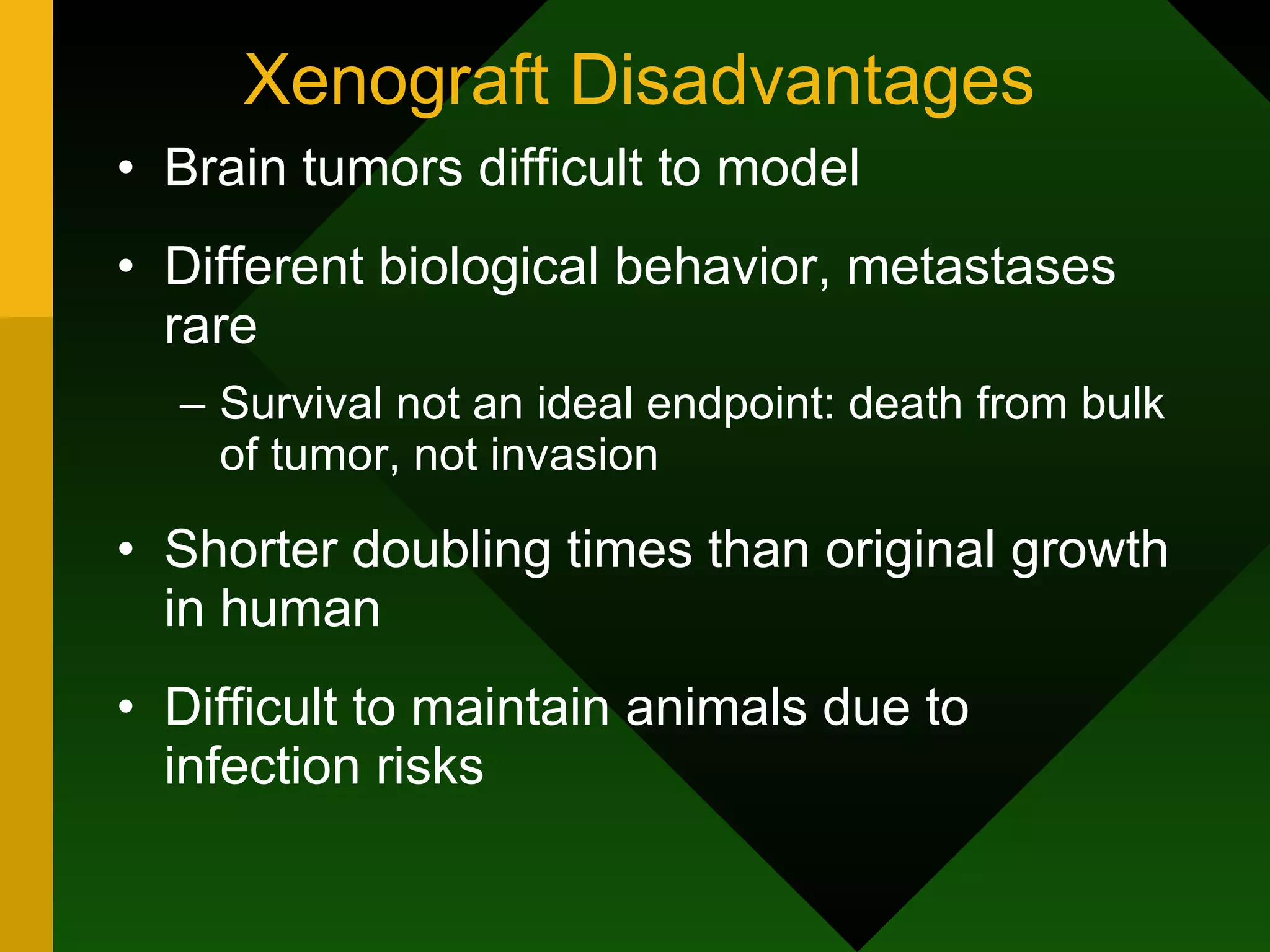 Xenograft Disadvantages Brain tumors difficult to model Different biological behavior, metastases rare Survival not an ideal endpoint: death from bulk of tumor, not invasion Shorter doubling times than original growth in human Difficult to maintain animals due to infection risks 