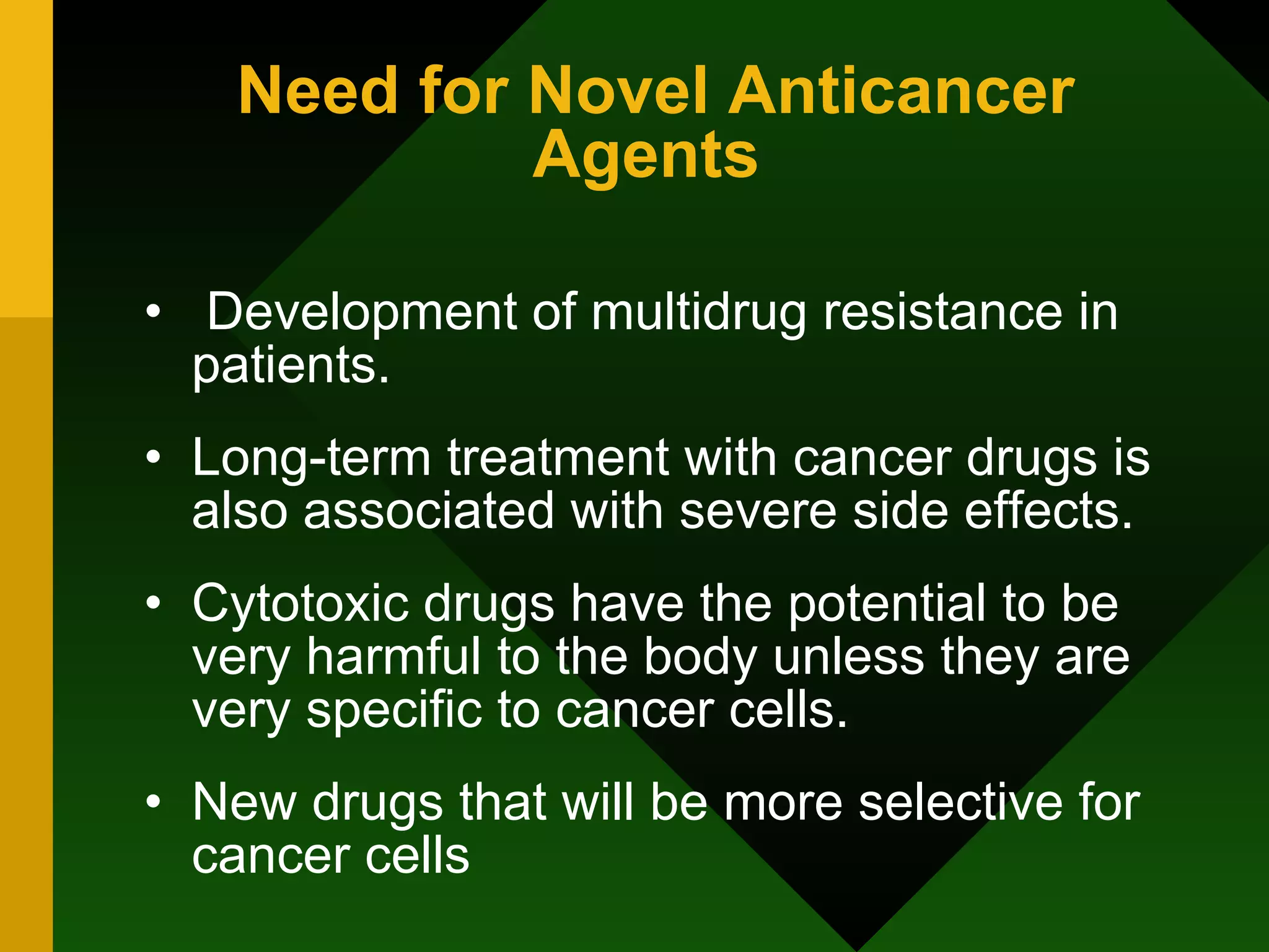 Need for Novel Anticancer Agents Development of multidrug resistance in patients. Long-term treatment with cancer drugs is also associated with severe side effects. Cytotoxic drugs have the potential to be very harmful to the body unless they are very specific to cancer cells. New drugs that will be more selective for cancer cells  