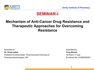 Amity Institute of Pharmacy
SEMINAR-I
Mechanism of Anti-Cancer Drug Resistance and
Therapeutic Approaches for Overcoming
Resistance
Submitted to : Submitted by:
Dr. Viney Lather Firuj Ahmed
Professor & Centre Head - Pharmaceutical Chemistry & M.Pharm 1st year
Pharmaceutical Analysis, AIP Enrolment No.:A10655022001
1
 