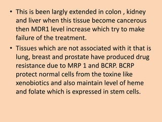 • This is been largly extended in colon , kidney
and liver when this tissue become cancerous
then MDR1 level increase which try to make
failure of the treatment.
• Tissues which are not associated with it that is
lung, breast and prostate have produced drug
resistance due to MRP 1 and BCRP. BCRP
protect normal cells from the toxine like
xenobiotics and also maintain level of heme
and folate which is expressed in stem cells.
 