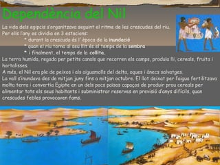 Dependència del Nil
La vida dels egipcis s’organitzava seguint el ritme de les crescudes del riu.
Per ells l’any es dividia en 3 estacions:
* durant la crescuda és l´època de la inundació
* quan el riu torna al seu llit és el temps de la sembra
* i finalment, el temps de la collita.
La terra humida, regada per petits canals que recorren els camps, produïa lli, cereals, fruita i
hortalisses.
A més, el Nil era ple de peixos i als aiguamolls del delta, oques i ànecs salvatges.
La vall s’inundava des de mitjan juny fins a mitjan octubre. El llot deixat per l’aigua fertilitzava
molta terra i convertia Egipte en un dels pocs països capaços de produir prou cereals per
alimentar tots els seus habitants i subministrar reserves en previsió d’anys difícils, quan
crescudes febles provocaven fams.
 
