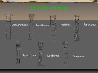 Tipus de columnes
Lotiforme
Campaniforme
Papiriforme
Palmiforme Hatòrica
Composta
Fasciculada
 