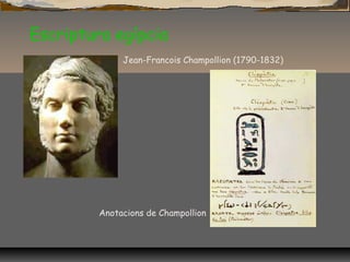Escriptura egípcia
Jean-Francois Champollion (1790-1832)
Anotacions de Champollion
 