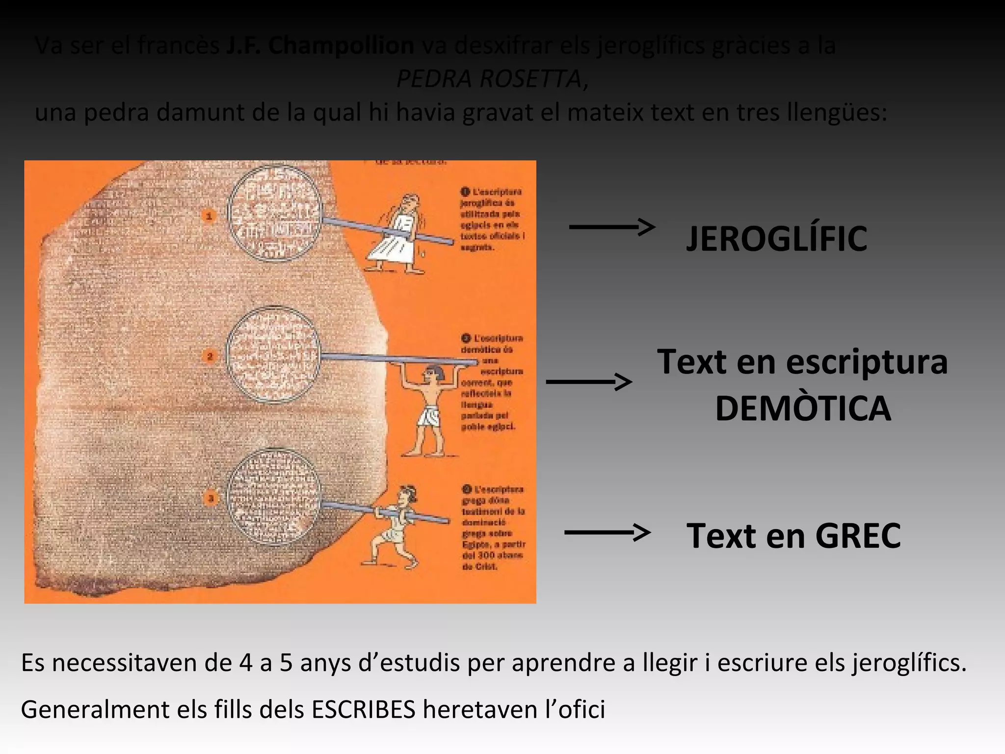 Va ser el francès J.F. Champollion va desxifrar els jeroglífics gràcies a la
PEDRA ROSETTA,
una pedra damunt de la qual hi havia gravat el mateix text en tres llengües:
JEROGLÍFIC
Text en escriptura
DEMÒTICA
Text en GREC
Es necessitaven de 4 a 5 anys d’estudis per aprendre a llegir i escriure els jeroglífics.
Generalment els fills dels ESCRIBES heretaven l’ofici
 
