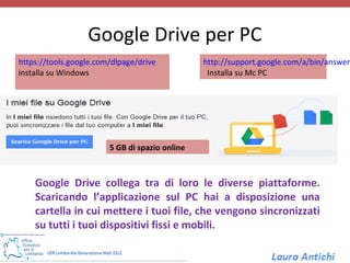 Google Drive per PC
https://tools.google.com/dlpage/drive           http://support.google.com/a/bin/answer
installa su Windows                              Installa su Mc PC




                        5 GB di spazio online



    Google Drive collega tra di loro le diverse piattaforme.
    Scaricando l’applicazione sul PC hai a disposizione una
    cartella in cui mettere i tuoi file, che vengono sincronizzati
    su tutti i tuoi dispositivi fissi e mobili.
 
