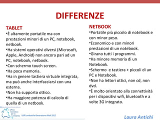 DIFFERENZE
TABLET                                       NETBOOK
•È altamente portatile ma con                •Portatile più piccolo di notebook e
prestazioni minori di un PC, notebook,       con minor peso.
netbook.                                     •Economico e con minori
•Ha sistemi operativi diversi (Microsoft,    prestazioni di un notebook.
Apple, Android) non ancora pari ad un        •Girano tutti i programmi.
PC, notebook, netbook.                       •Ha minore memoria di un
•Con schermo touch screen.                   Notebook.
•Ha poca memoria.                            •Schermo e tastiera + piccoli di un
•Ha in genere tastiera virtuale integrata,   PC e Notebook.
ma può anche interfacciarsi con una          •Non ha lettori ottici, non cd, non
esterna.                                     dvd.
•Non ha supporto ottico.                     •È molto orientato alla connettività
•Ha maggiore potenza di calcolo di           per i dispositivi wifi, bluetooth e a
quella di un netbook.                        volte 3G integrato.
 