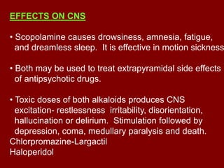 EFFECTS ON CNS
• Scopolamine causes drowsiness, amnesia, fatigue,
and dreamless sleep. It is effective in motion sickness
• Both may be used to treat extrapyramidal side effects
of antipsychotic drugs.
• Toxic doses of both alkaloids produces CNS
excitation- restlessness irritability, disorientation,
hallucination or delirium. Stimulation followed by
depression, coma, medullary paralysis and death.
Chlorpromazine-Largactil
Haloperidol
 