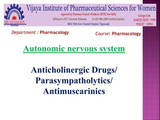 Autonomic nervous system
Anticholinergic Drugs/
Parasympatholytics/
Antimuscarinics
Department : Pharmacology Course: Pharmacology
 
