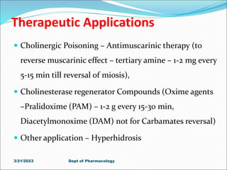 Therapeutic Applications
 Cholinergic Poisoning – Antimuscarinic therapy (to
reverse muscarinic effect – tertiary amine – 1-2 mg every
5-15 min till reversal of miosis),
 Cholinesterase regenerator Compounds (Oxime agents
–Pralidoxime (PAM) – 1-2 g every 15-30 min,
Diacetylmonoxime (DAM) not for Carbamates reversal)
 Other application – Hyperhidrosis
3/21/2023 Dept of Pharmacology
 