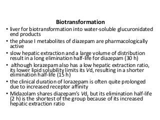 Biotransformation
• liver for biotransformation into water-soluble glucuronidated
end products
• the phase I metabolites of diazepam are pharmacologically
active
• slow hepatic extraction and a large volume of distribution
result in a long elimination half-life for diazepam (30 h)
• although lorazepam also has a low hepatic extraction ratio,
its lower lipid solubility limits its Vd, resulting in a shorter
elimination half-life (15 h)
• the clinical duration of lorazepam is often quite prolonged
due to increased receptor affinity
• Midazolam shares diazepam’s Vd, but its elimination half-life
(2 h) is the shortest of the group because of its increased
hepatic extraction ratio
 