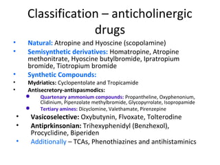 Classification – anticholinergic
drugs
• Natural: Atropine and Hyoscine (scopolamine)
• Semisynthetic derivatives: Homatropine, Atropine
methonitrate, Hyoscine butylbromide, Ipratropium
bromide, Tiotropium bromide
• Synthetic Compounds:
• Mydriatics: Cyclopentolate and Tropicamide
• Antisecretory-antispasmodics:
 Quartenary ammonium compounds: Propantheline, Oxyphenonium,
Clidinium, Pipenzolate methylbromide, Glycopyrrolate, Isopropamide
 Tertiary amines: Dicyclomine, Valethamate, Pirenzepine
• Vasicoselective: Oxybutynin, Flvoxate, Tolterodine
• Antiprkinsonian: Trihexyphenidyl (Benzhexol),
Procyclidine, Biperiden
• Additionally – TCAs, Phenothiazines and antihistaminics
 