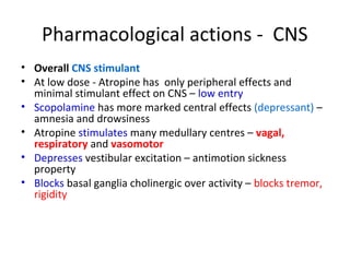 Pharmacological actions - CNS
• Overall CNS stimulant
• At low dose - Atropine has only peripheral effects and
minimal stimulant effect on CNS – low entry
• Scopolamine has more marked central effects (depressant) –
amnesia and drowsiness
• Atropine stimulates many medullary centres – vagal,
respiratory and vasomotor
• Depresses vestibular excitation – antimotion sickness
property
• Blocks basal ganglia cholinergic over activity – blocks tremor,
rigidity
 