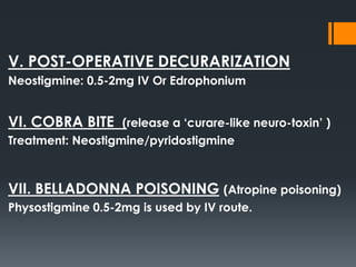 V. POST-OPERATIVE DECURARIZATION
Neostigmine: 0.5-2mg IV Or Edrophonium
VI. COBRA BITE (release a ‘curare-like neuro-toxin’ )
Treatment: Neostigmine/pyridostigmine
VII. BELLADONNA POISONING (Atropine poisoning)
Physostigmine 0.5-2mg is used by IV route.
 