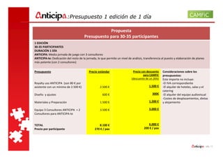 :Presupuesto 1 edición de 1 día

                                                   Propuesta
                                       Presupuesto para 30-35 participantes
1 EDICIÓN
30-35 PARTICIPANTES
DURACIÓN 1 DÍA
ANTICIPA: Media jornada de juego con 3 consultores
ANTICIPA-te: Dedicación del resto de la jornada, lo que permite un nivel de análisis, transferencia al puesto y elaboración de planes
más potente (con 2 consultores)

Presupuesto                               Precio estándar                    Precio con descuento   Consideraciones sobre los
                                                                                     para CAMFIC    presupuestos:
                                                                            (descuento de un 26%)   Este importe no incluye:
Royalty uso ANTICIPA (son 80 € por                                                                  -El IVA correspondiente
asistente con un mínimo de 2.500 €)                2.500 €                               1.500 €    -El alquiler de hoteles, salas y el
                                                                                                    catering
Diseño y ajustes                                     600 €                                  300€    -El alquiler del equipo audiovisual
                                                                                                    -Costes de desplazamientos, dietas
Materiales y Preparación                           1.500 €                               1.200 €    y alojamiento

Equipo 3 Consultores ANTICIPA + 2                  3.500 €                               3.000 €
Consultores para ANTICIPA-te


TOTAL                                             8.100 €                               6.000 €
Precio por participante                        270 € / pax                           200 € / pax




                                                                                                                                        - pág. 11
 