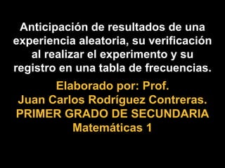 Elaborado por: Prof.
Juan Carlos Rodríguez Contreras.
PRIMER GRADO DE SECUNDARIA
Matemáticas 1
Anticipación de resultados de una
experiencia aleatoria, su verificación
al realizar el experimento y su
registro en una tabla de frecuencias.
 