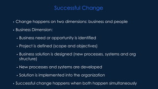 Successful Change

•   Change happens on two dimensions: business and people

•   Business Dimension:

    •   Business ne...