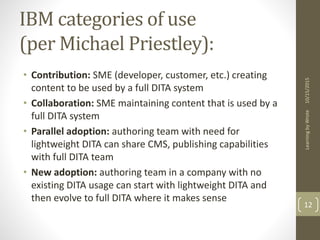 IBM categories of use
(per Michael Priestley):
• Contribution: SME (developer, customer, etc.) creating
content to be used by a full DITA system
• Collaboration: SME maintaining content that is used by a
full DITA system
• Parallel adoption: authoring team with need for
lightweight DITA can share CMS, publishing capabilities
with full DITA team
• New adoption: authoring team in a company with no
existing DITA usage can start with lightweight DITA and
then evolve to full DITA where it makes sense
10/15/2015LearningbyWrote
12
 
